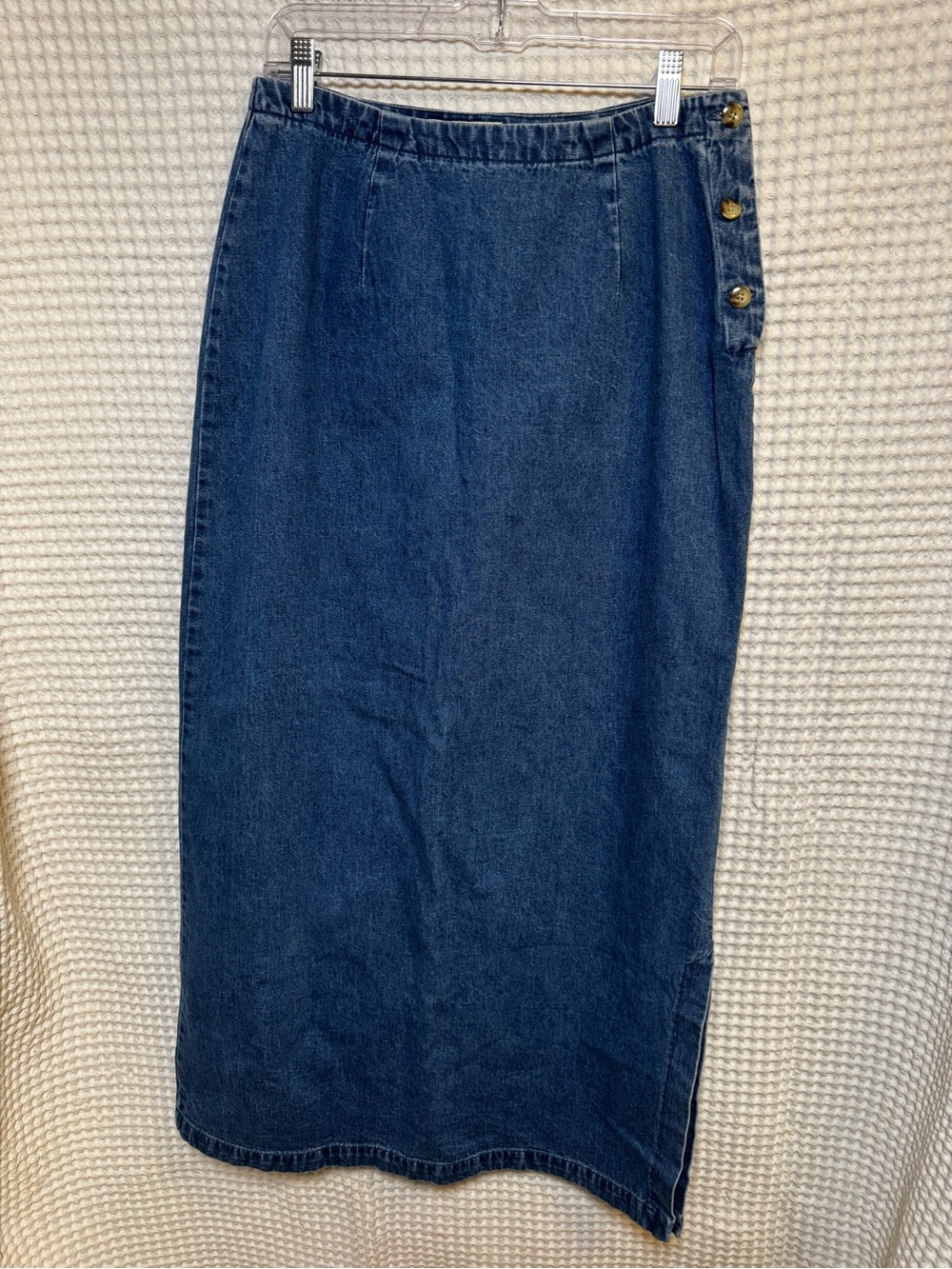Vintage Eddie Bauer Denim Maxi Skirt 10 Tall 100% Cotton, Side Button 90’s